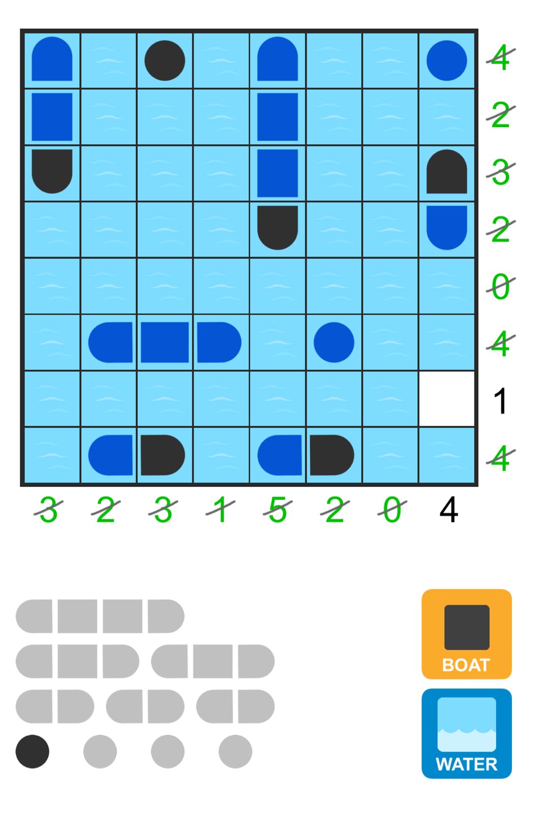 Grid-based battleship puzzle solution with numbers and colors.