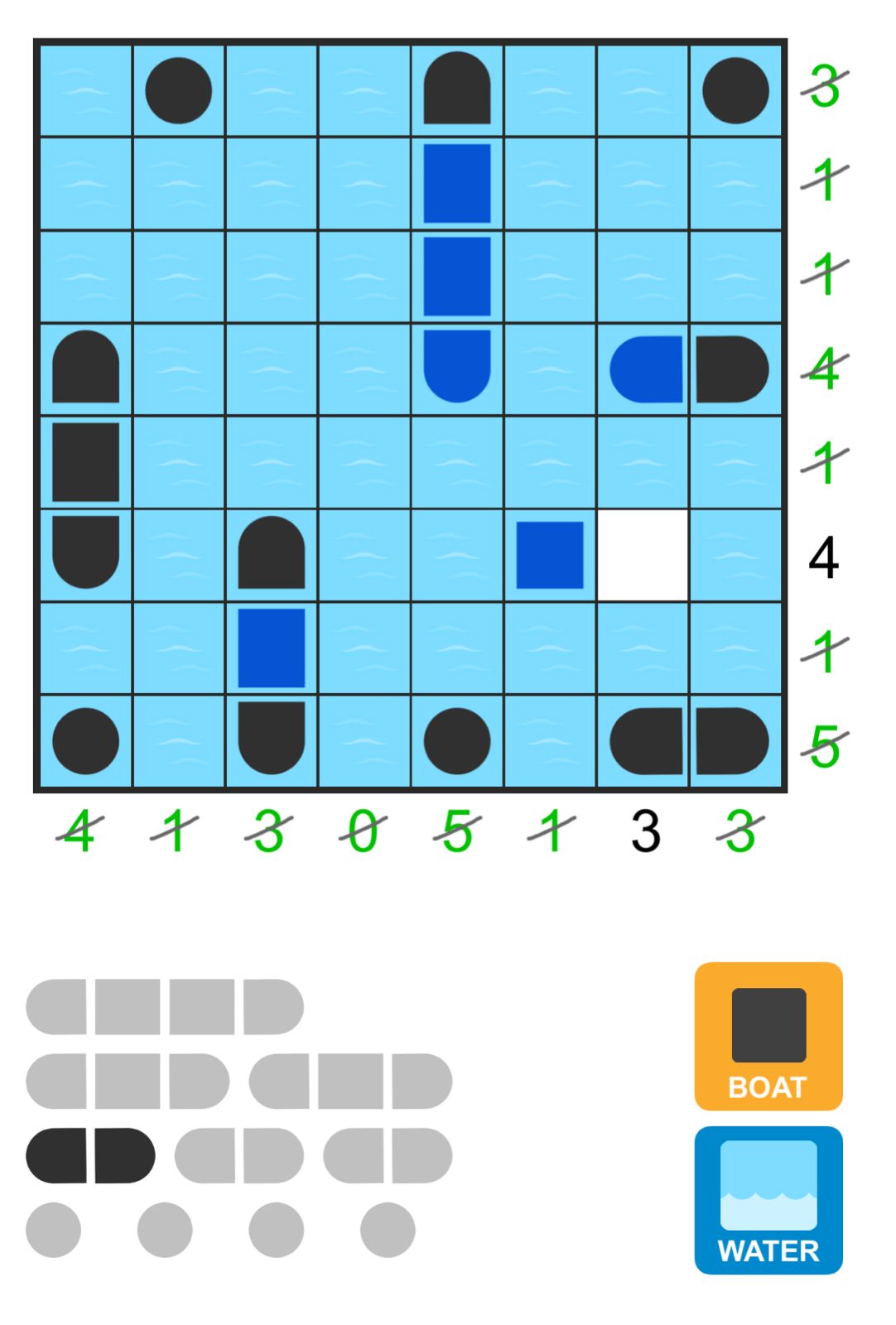 Battleship puzzle grid with boats and water.
