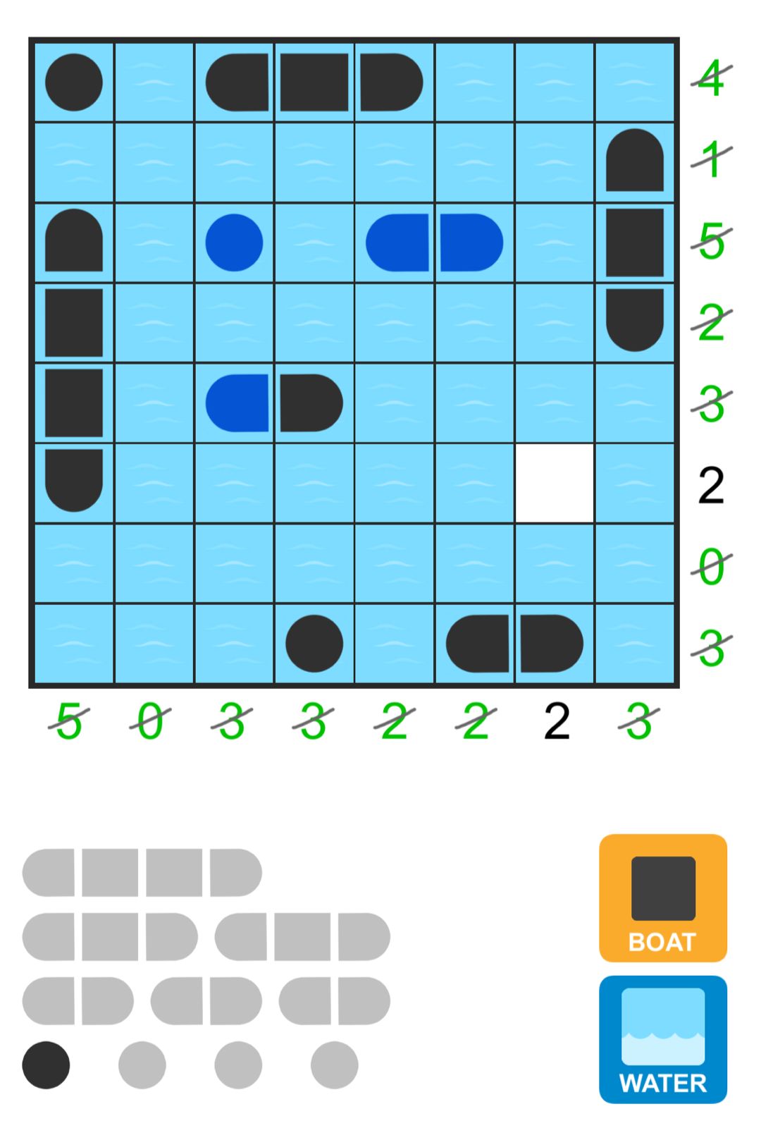 Battleship puzzle grid with boats and water tiles.