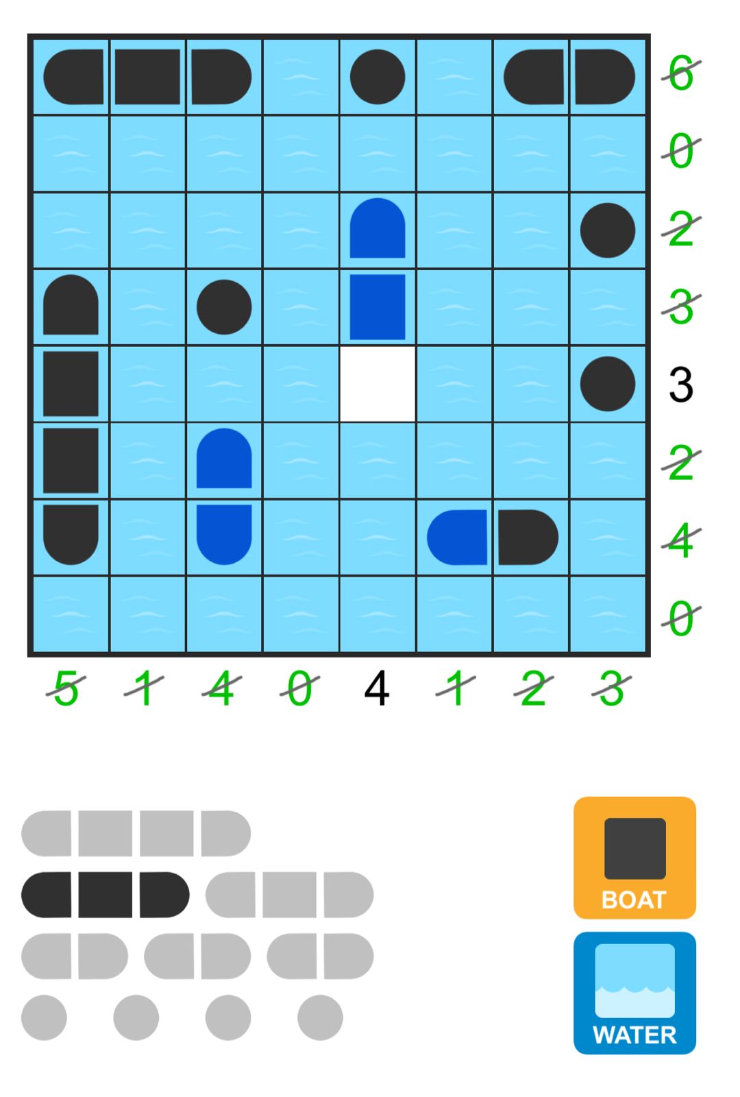 Battleship puzzle with boats and water grid.