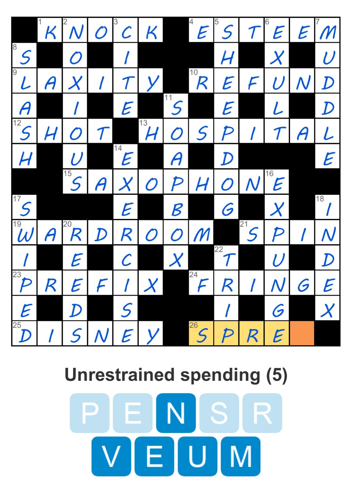 Crossword puzzle with highlighted word: SPREE