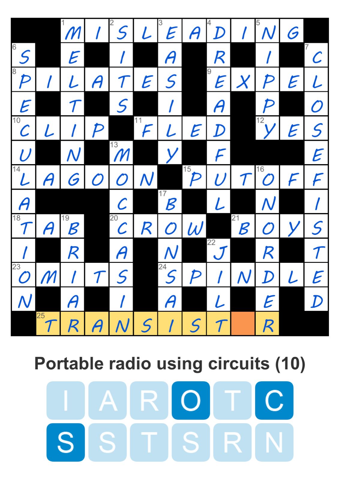 Completed crossword puzzle with solution 'transistor'.