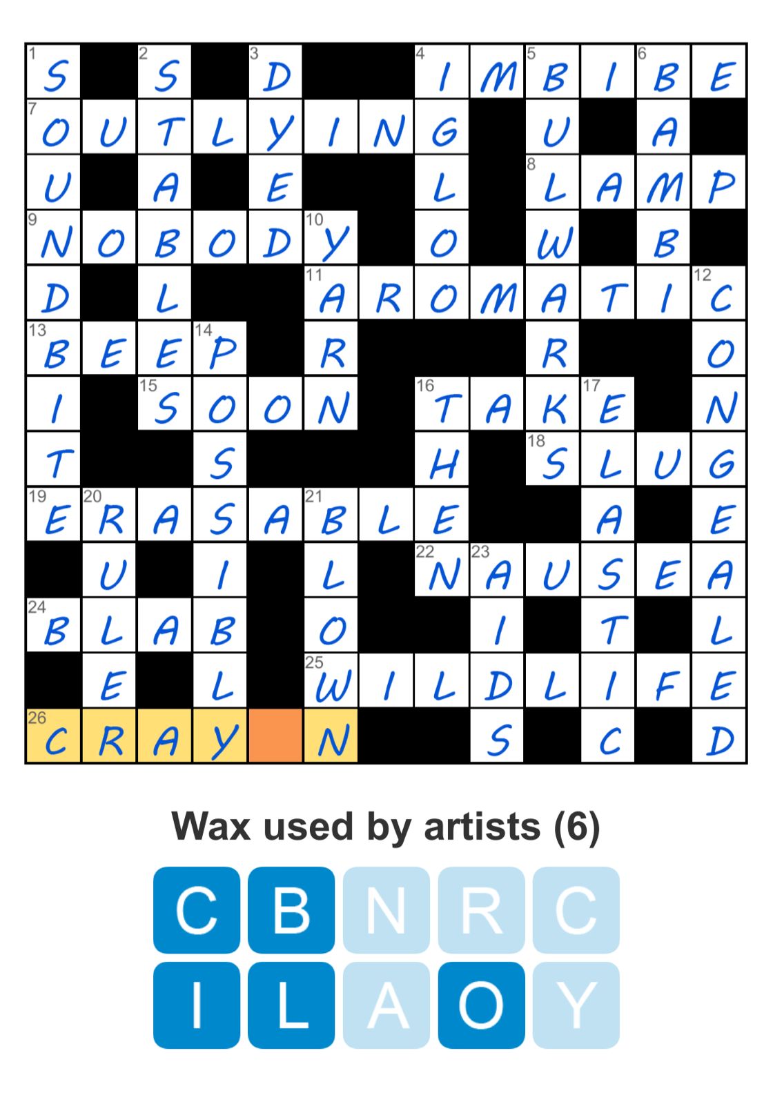 Completed crossword puzzle with 'crayon' highlighted.