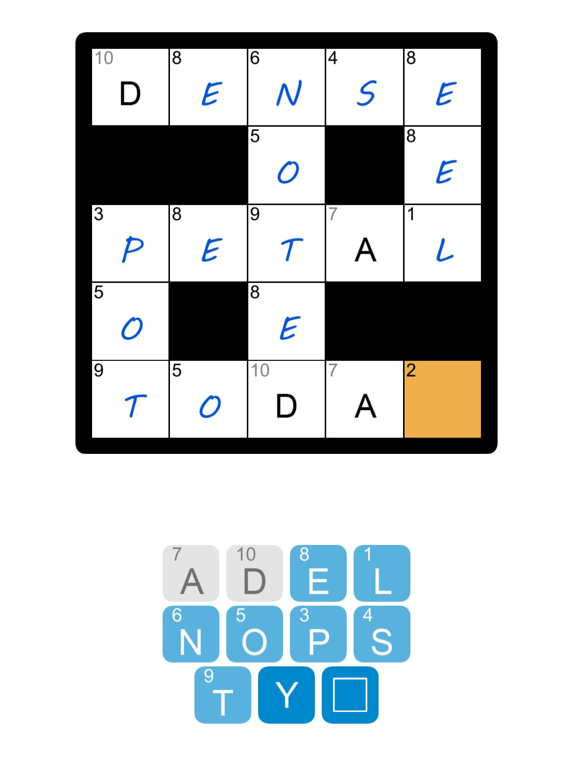 Crossword puzzle with letters and grid.