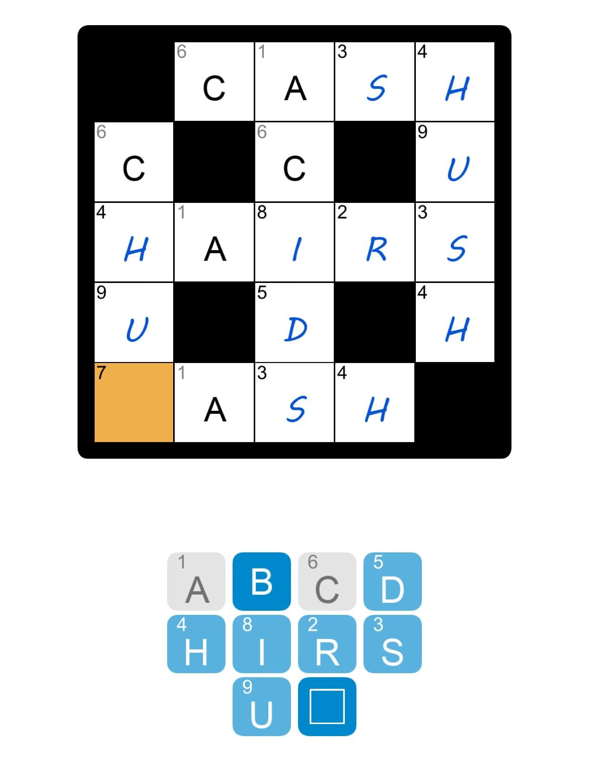 Word puzzle grid with letters and numbers.