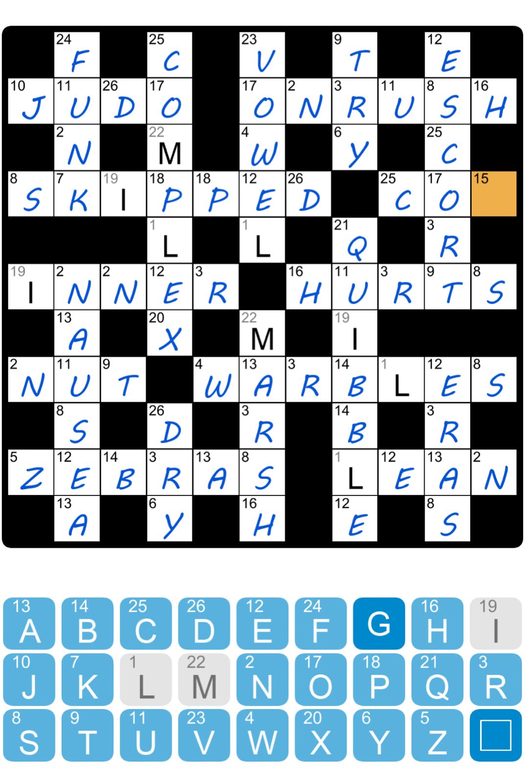 Crossword puzzle with filled answers and virtual keyboard.
