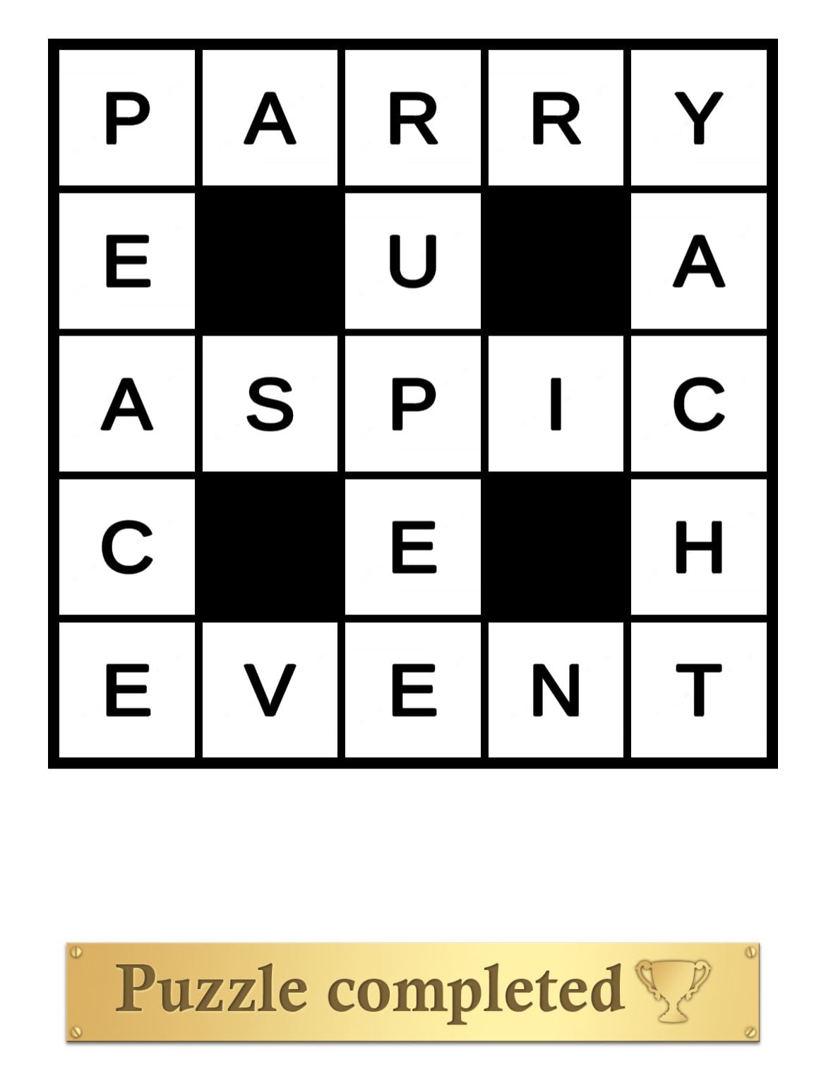 Completed word puzzle with solved message.