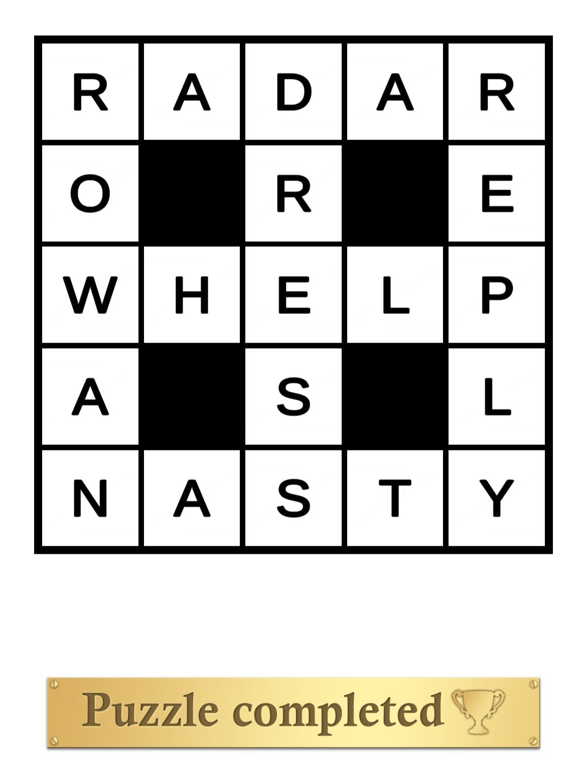 Completed word puzzle with congratulatory message.