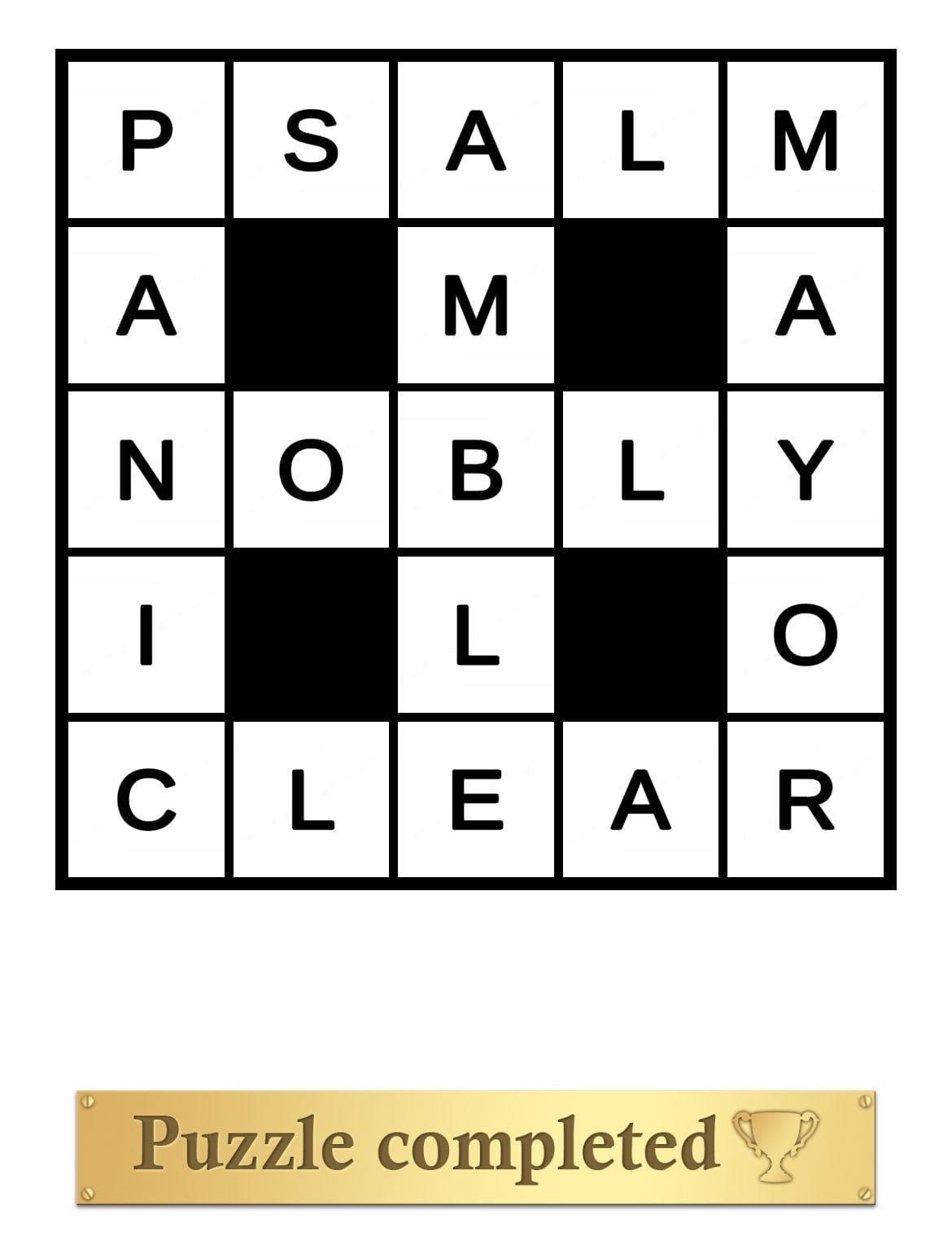 Completed word puzzle with 'Puzzle completed' sign.