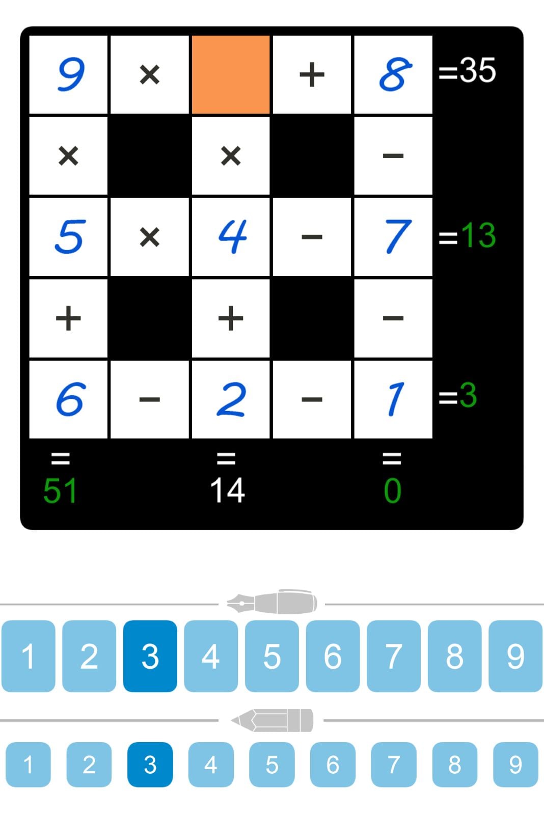 Math puzzle grid with numbers and operations