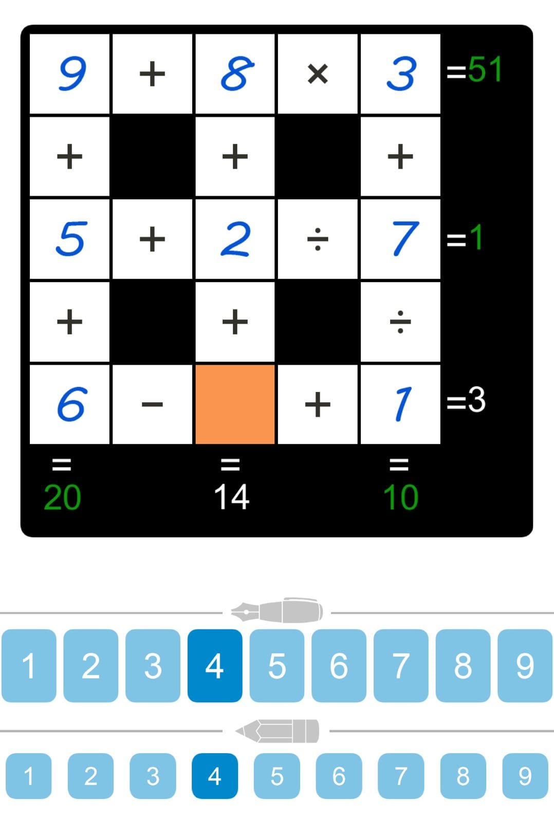 Math puzzle with numbers and operations grid.