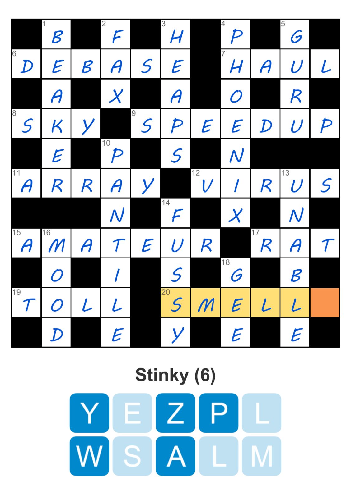 Crossword puzzle with highlighted word 'SMELL'