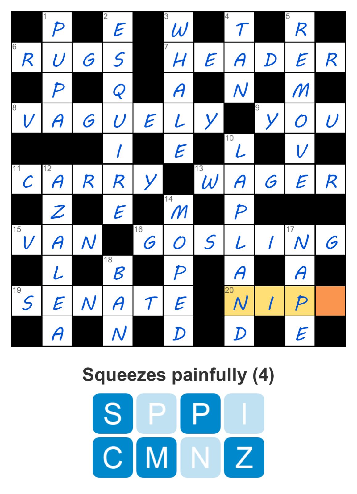 Crossword puzzle with letters and clue.