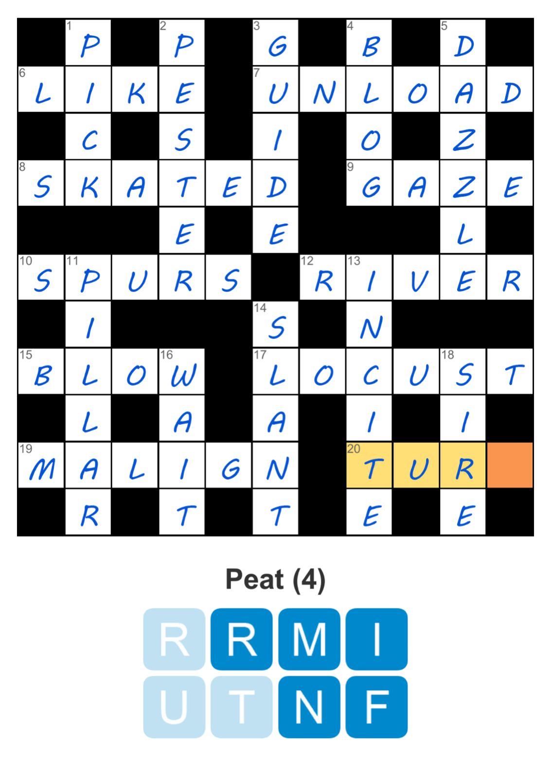 Crossword puzzle with highlighted clue Peat (4).