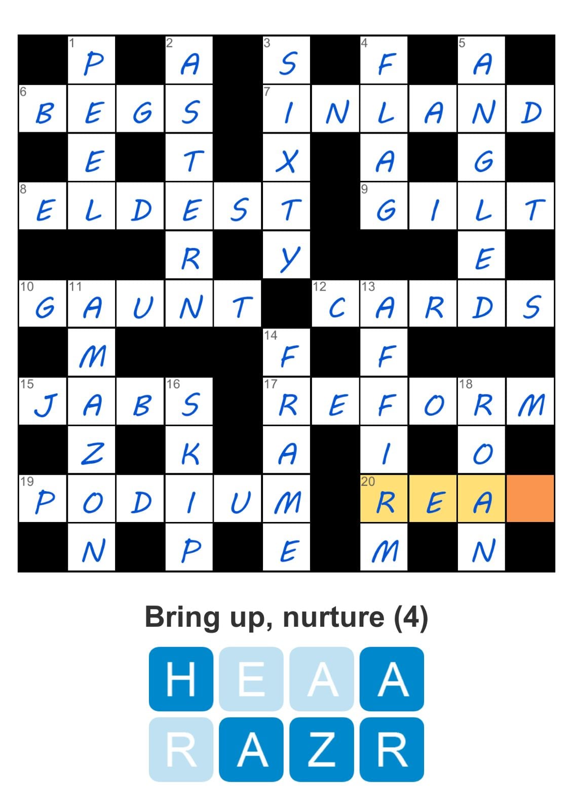 Crossword puzzle with hint 'Bring up, nurture'.