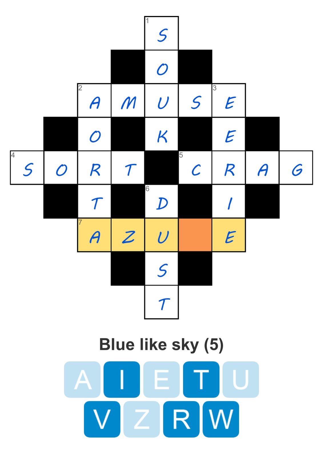 Crossword puzzle with clue: Blue like sky.