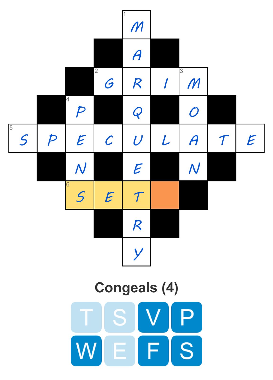 Crossword puzzle with clue 'Congeals' and letters.
