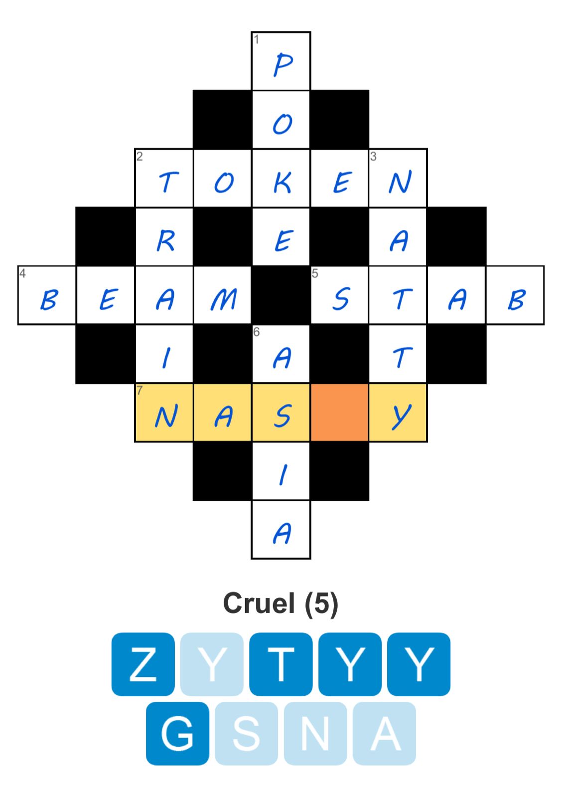 Crossword puzzle with highlighted word 'Nasty'.