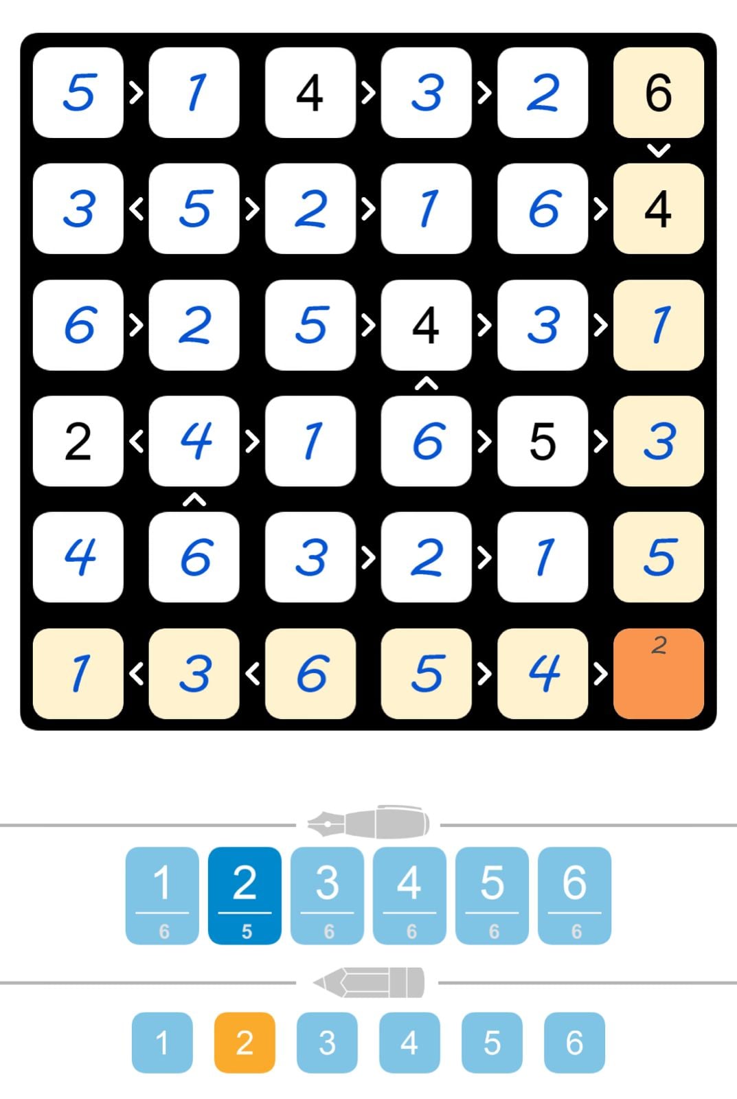 Number puzzle game with selectable numbers and arrows.