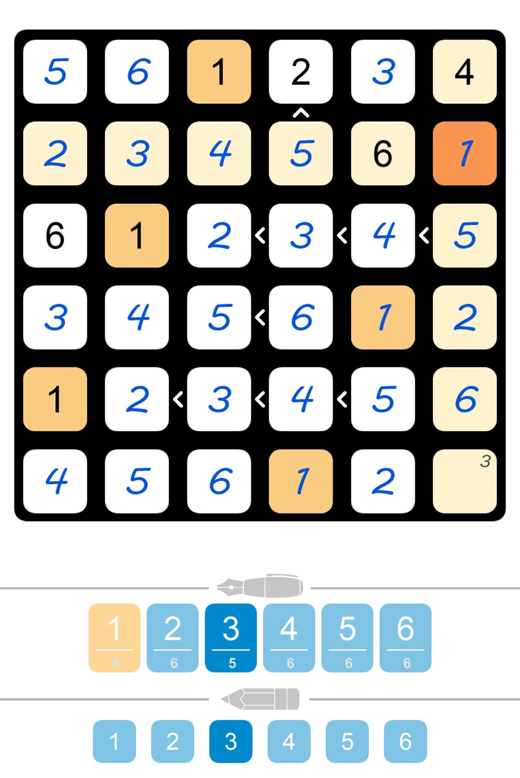 Sudoku grid puzzle with numbers and colored cells.