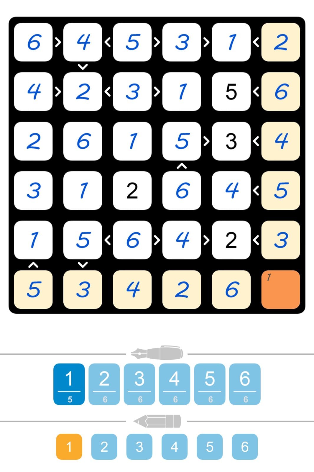 Number puzzle grid game with arrows and tiles.