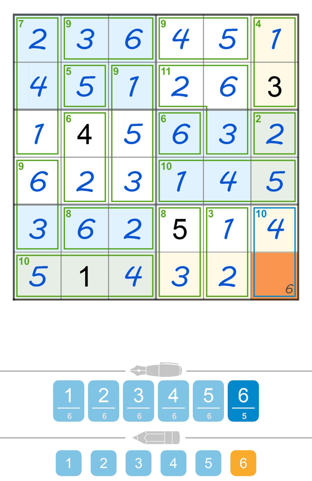 Kakuro puzzle grid with highlighted numbers.