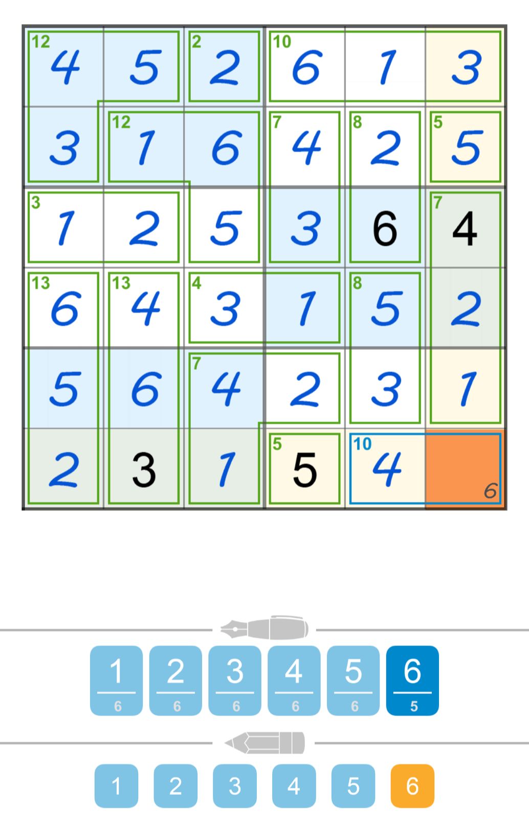 Sum puzzle grid with numbers and highlighted pens.