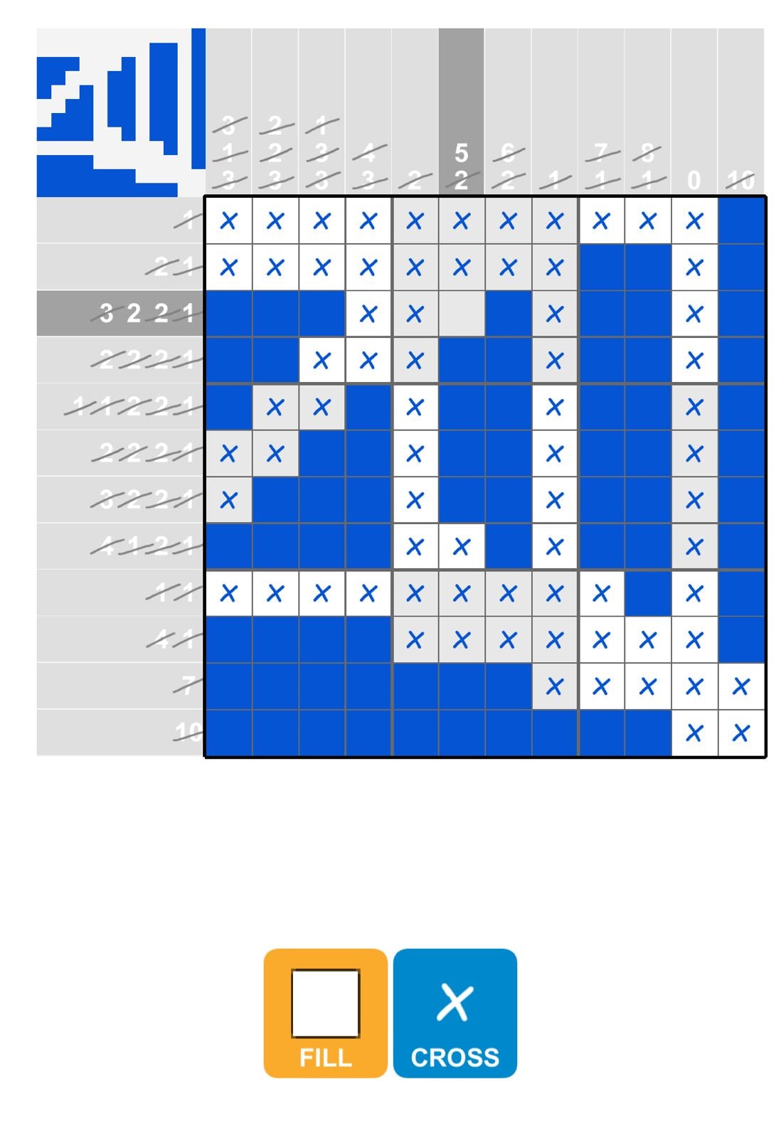 Completed nonogram puzzle with fill and cross options.