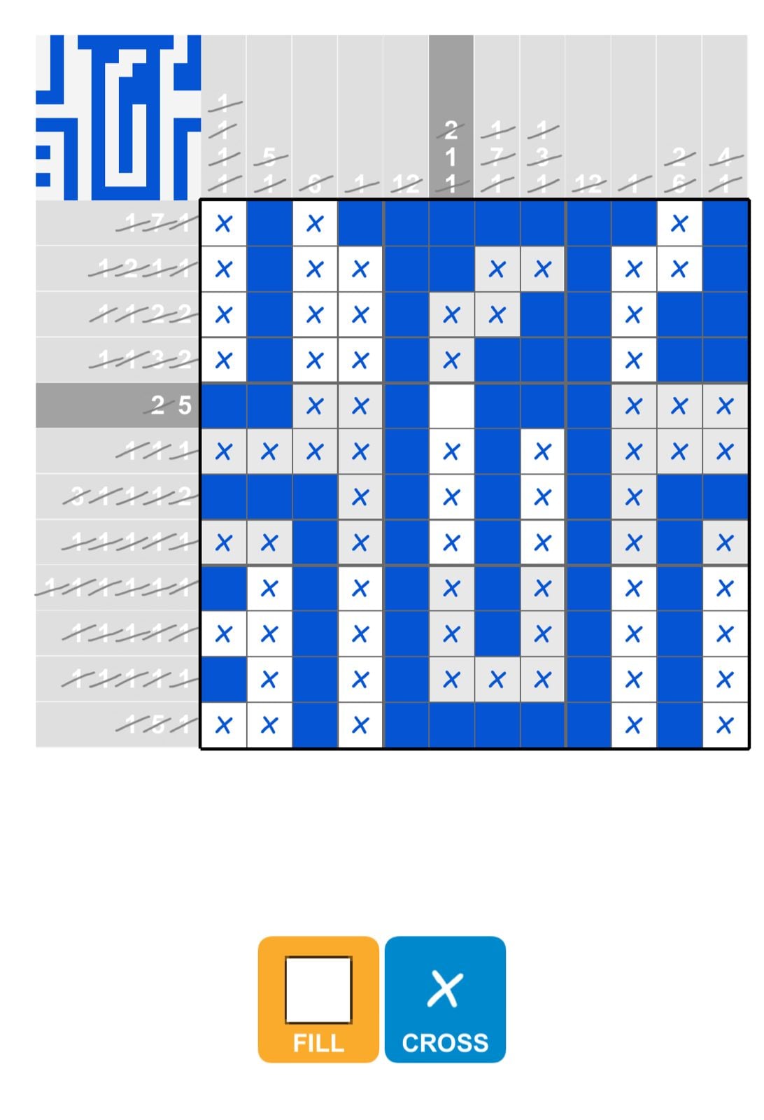 Completed nonogram puzzle with grid solution.