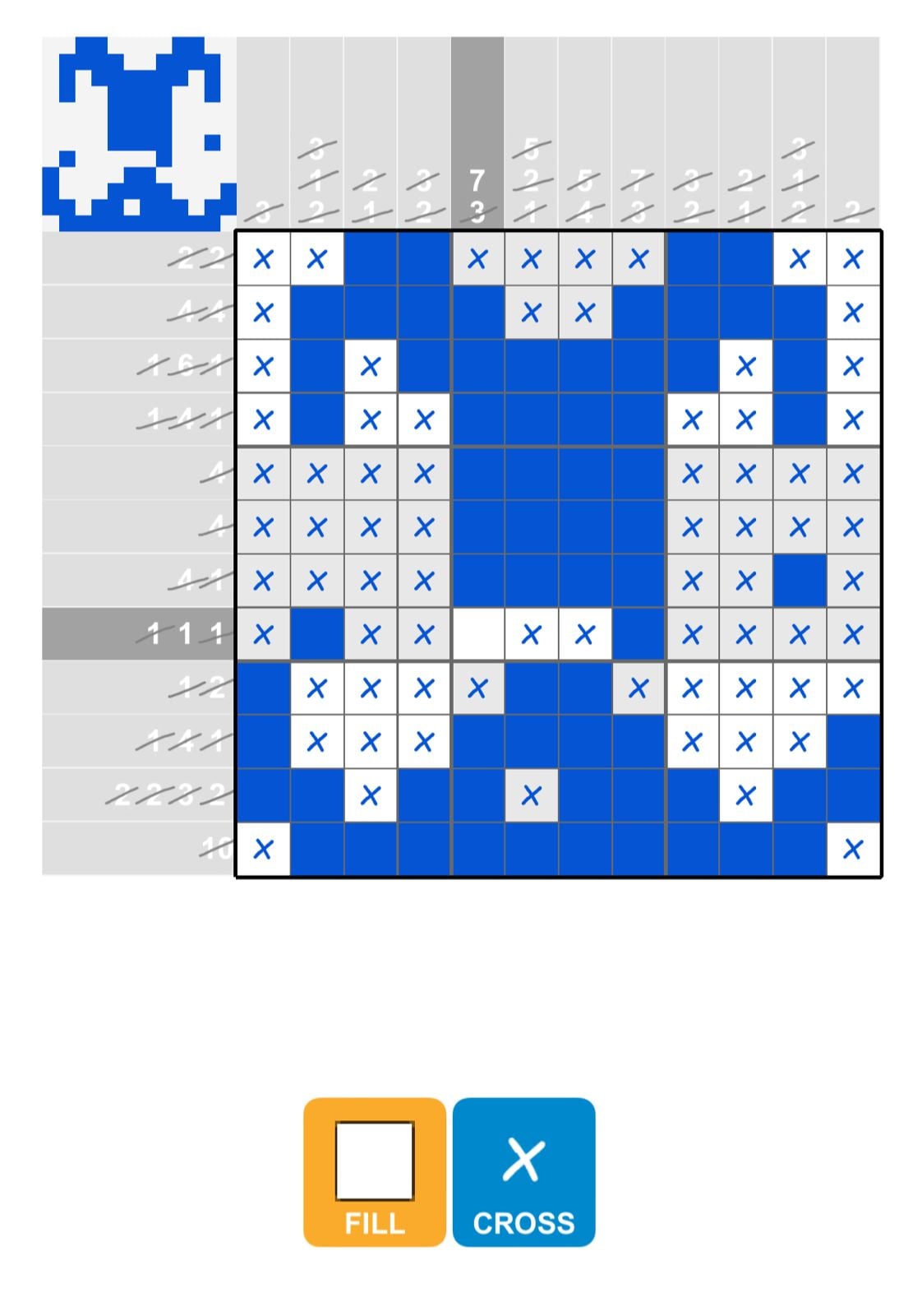 Nonogram puzzle partially completed with blue and white squares.