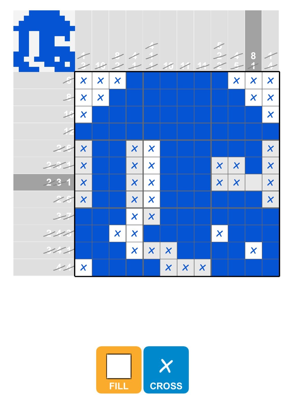 Completed nonogram puzzle, blue and gray pattern.