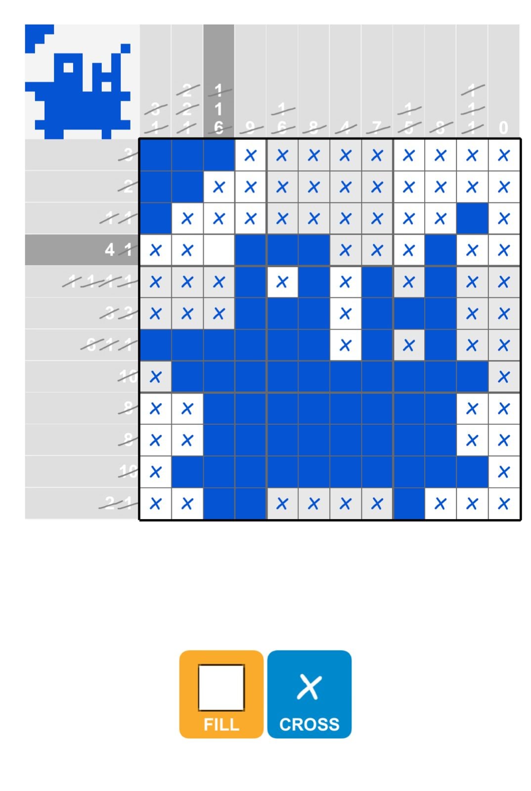 Completed Picross puzzle with blue squares and numbers.