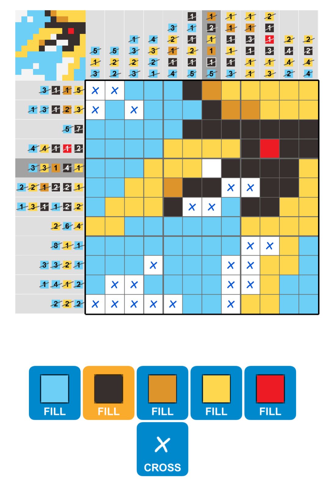 Colorful nonogram puzzle game grid with options.
