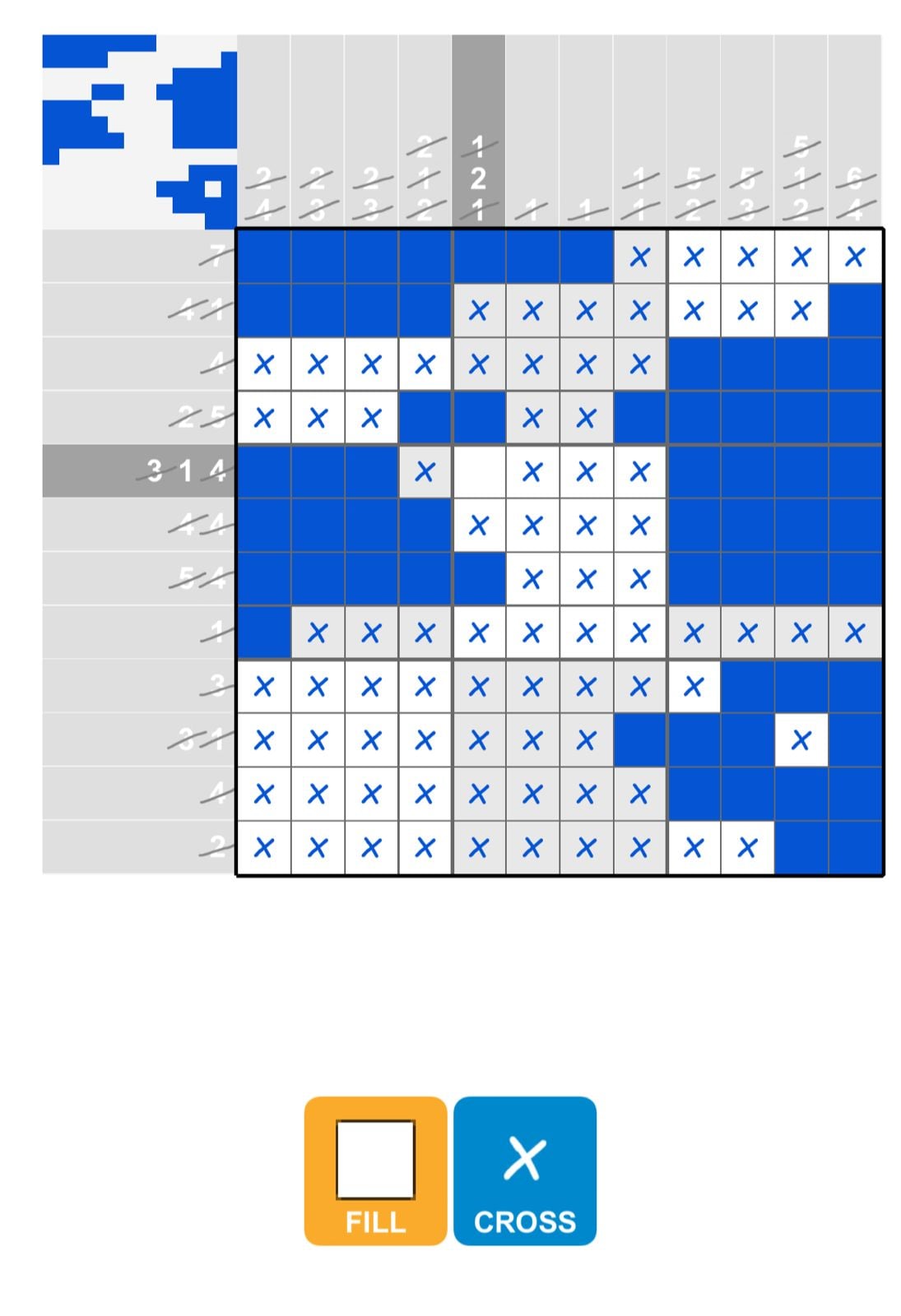 Nonogram puzzle partially solved with clues visible.