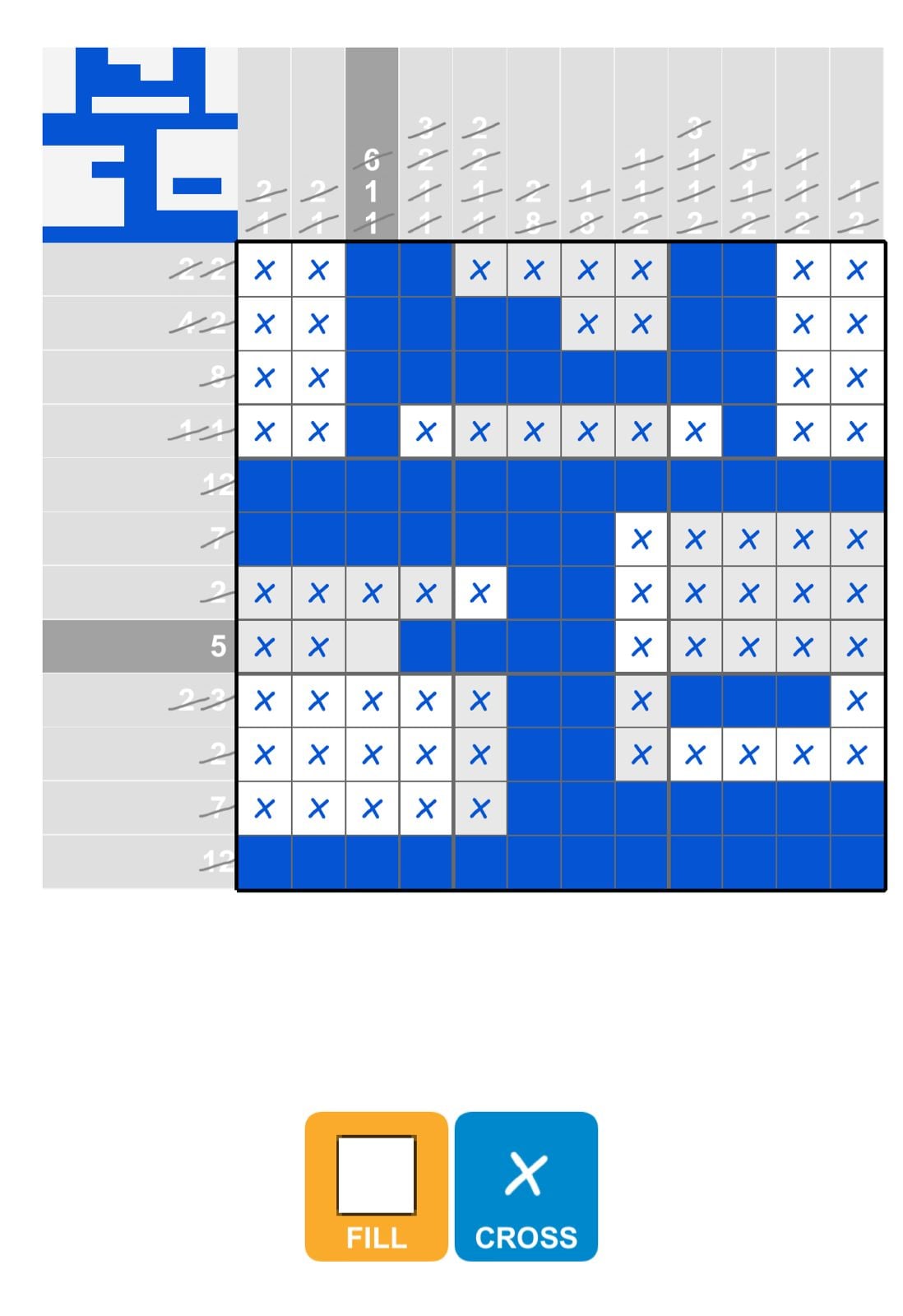 Nonogram puzzle grid partially solved with colors.