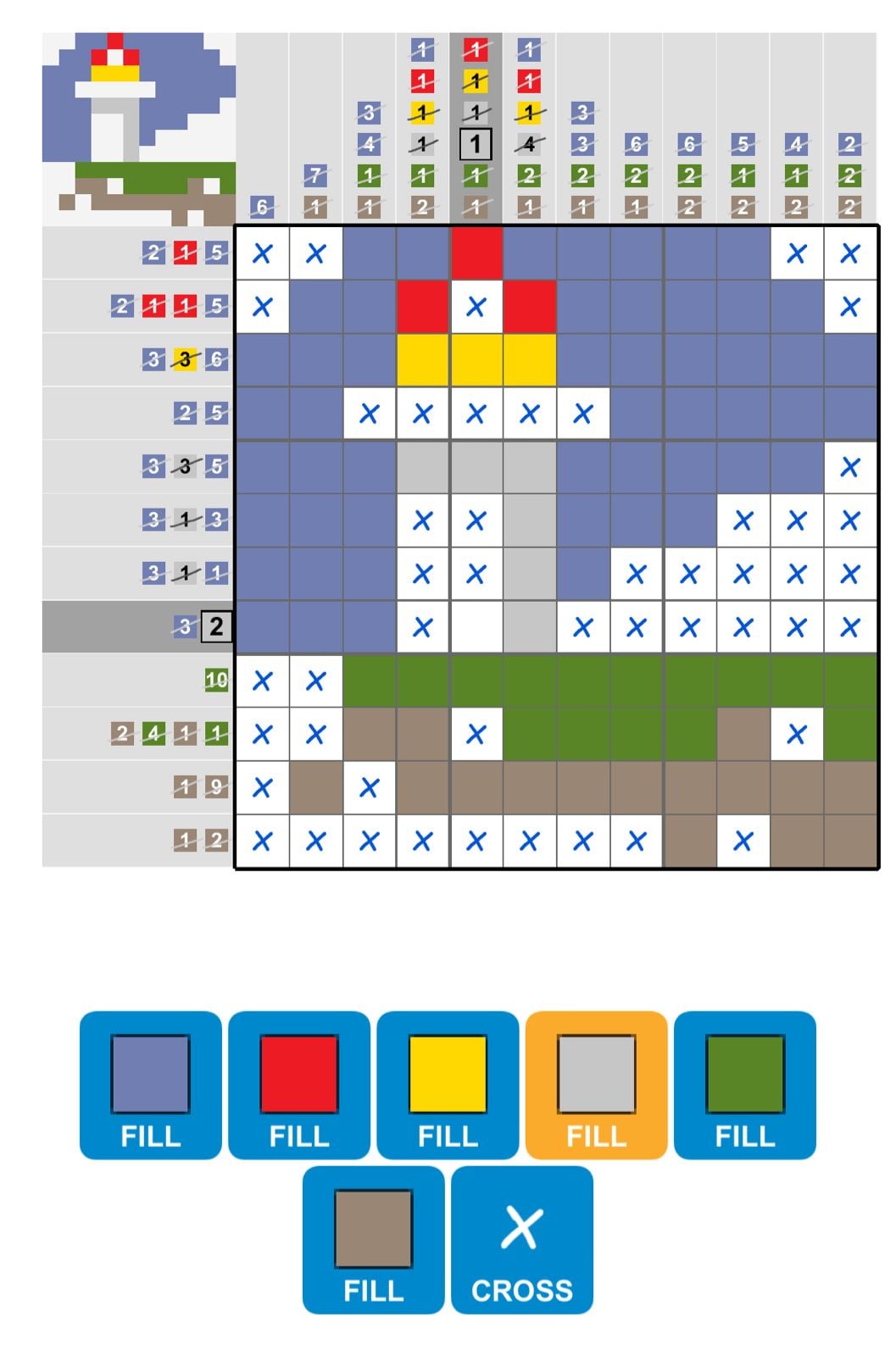 Lighthouse nonogram puzzle with color fill options.