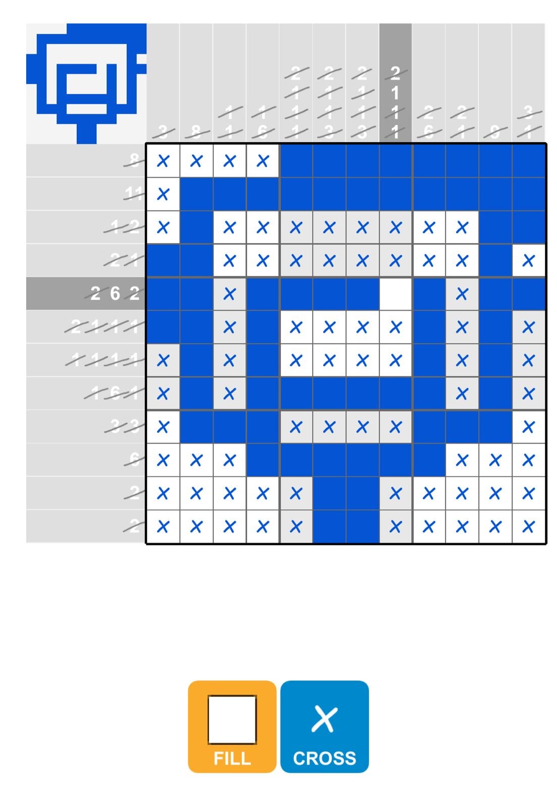 Completed pixel art puzzle with blue and white tiles.