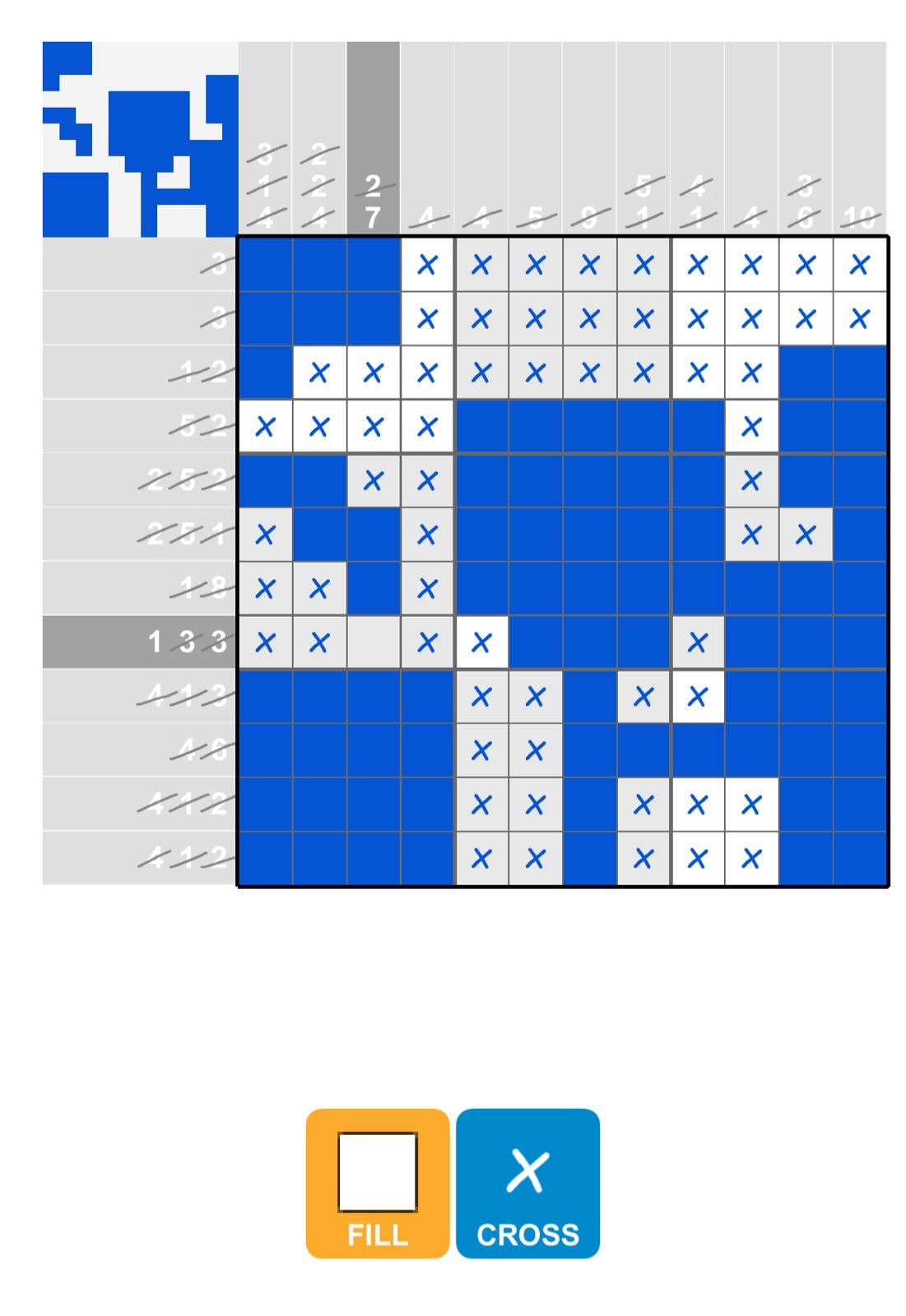 Nonogram puzzle with numbers and colored squares.