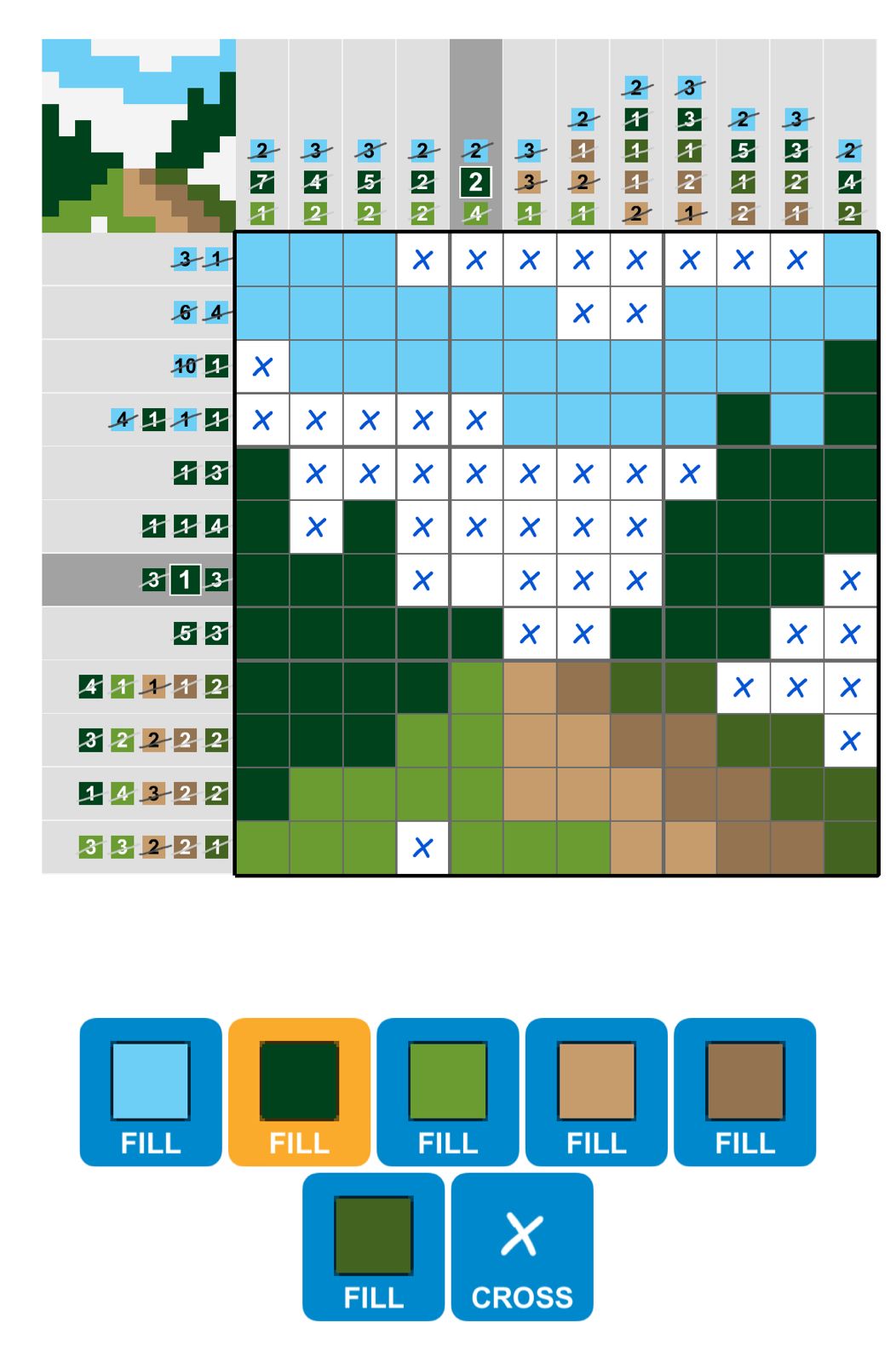 Nonogram puzzle with landscape and color fill options.