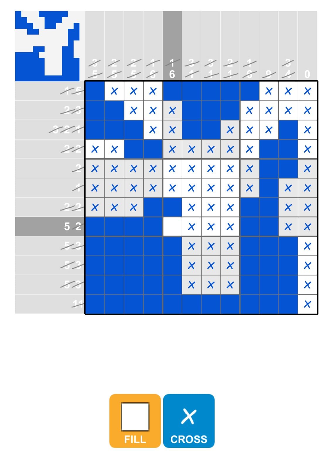 Nonogram puzzle partially solved in blue and white.