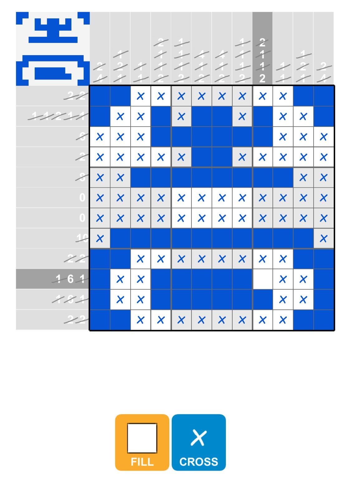 Blue and white nonogram puzzle grid.