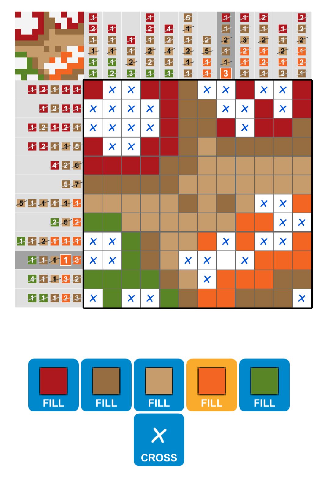 Color grid puzzle interface with fill options.