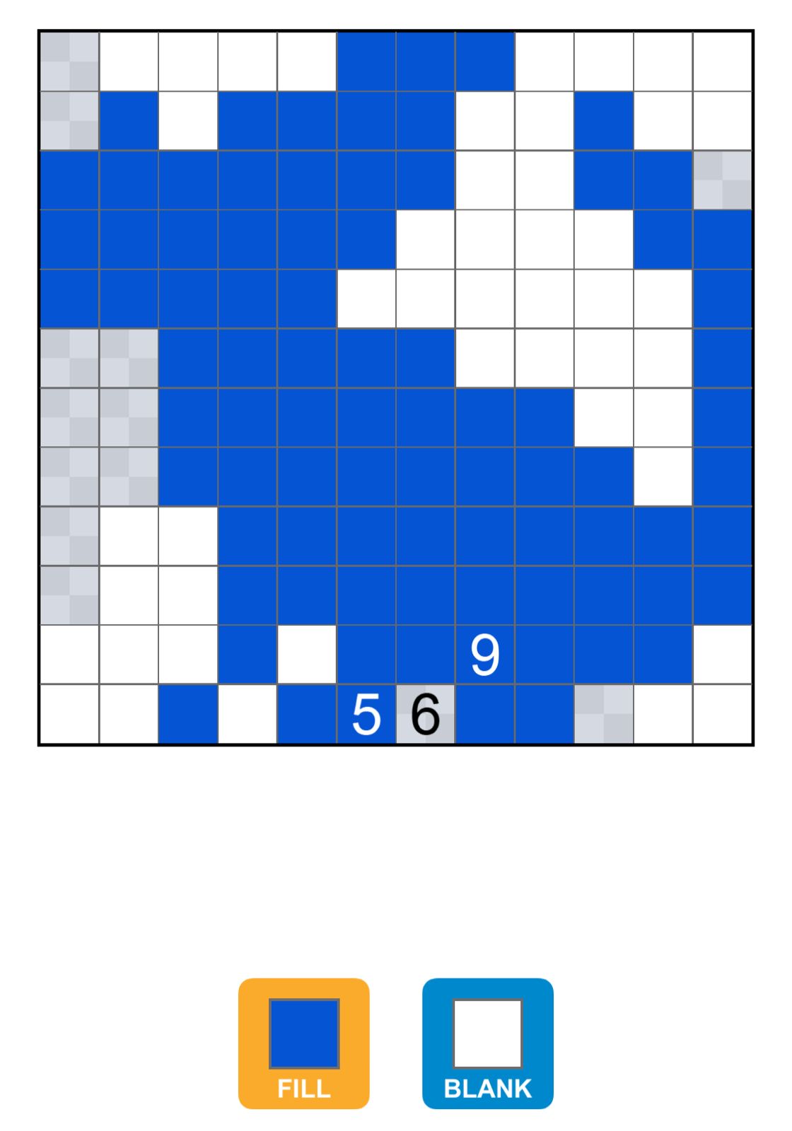 Nonogram puzzle with blue and white grid.