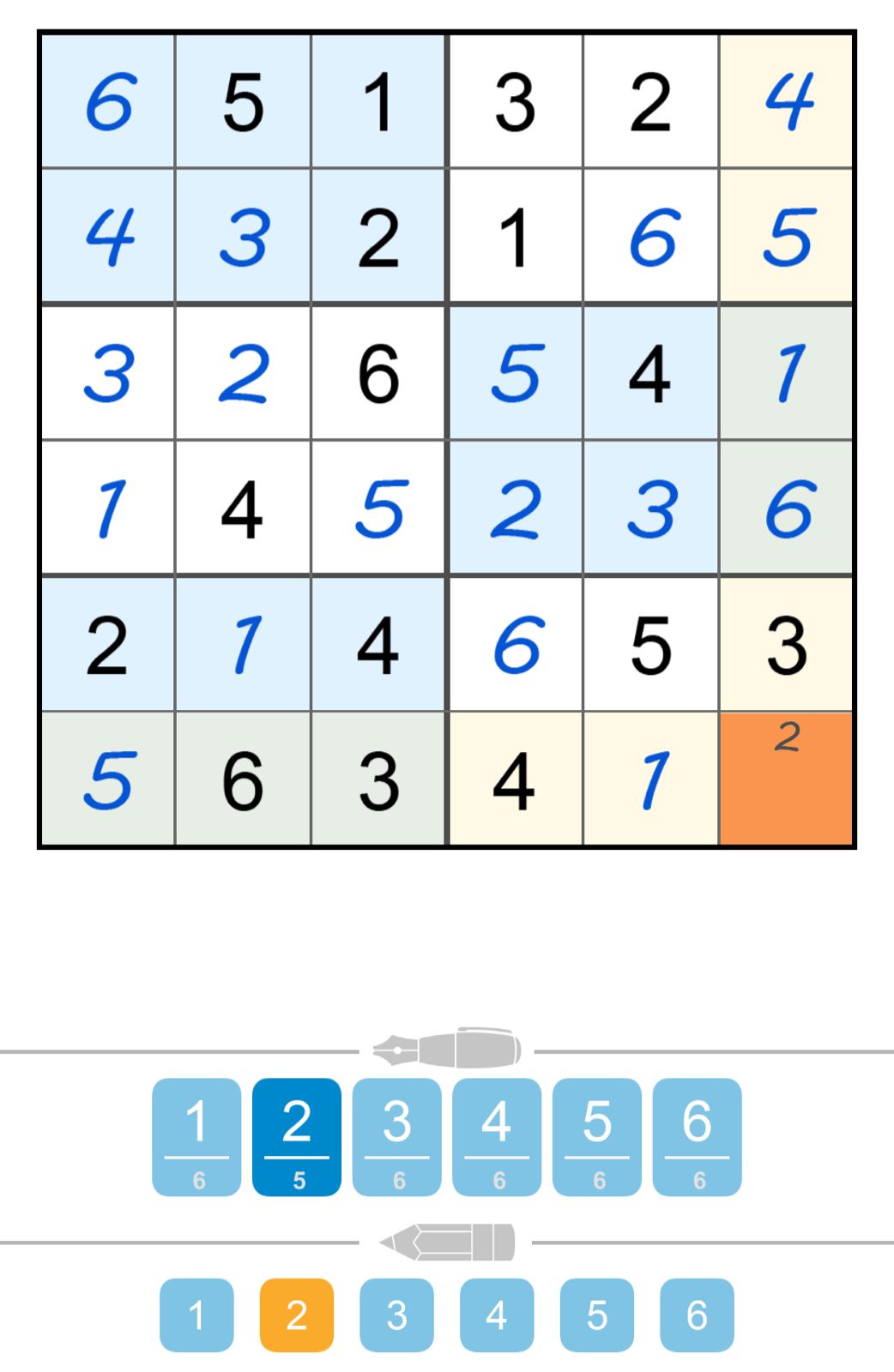 Partially filled 6x6 number puzzle grid with notes.