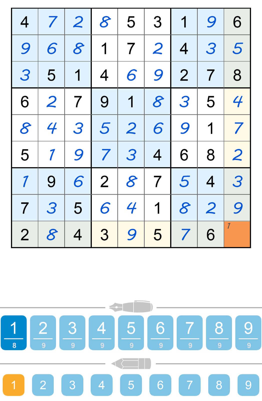 Partially filled Sudoku grid with number options below.