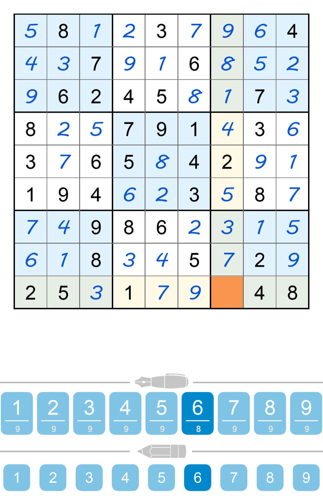 Sudoku puzzle with highlighted numbers and tools.
