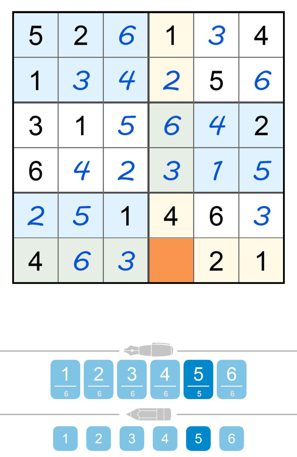 Partially filled 6x6 Sudoku puzzle with solutions.