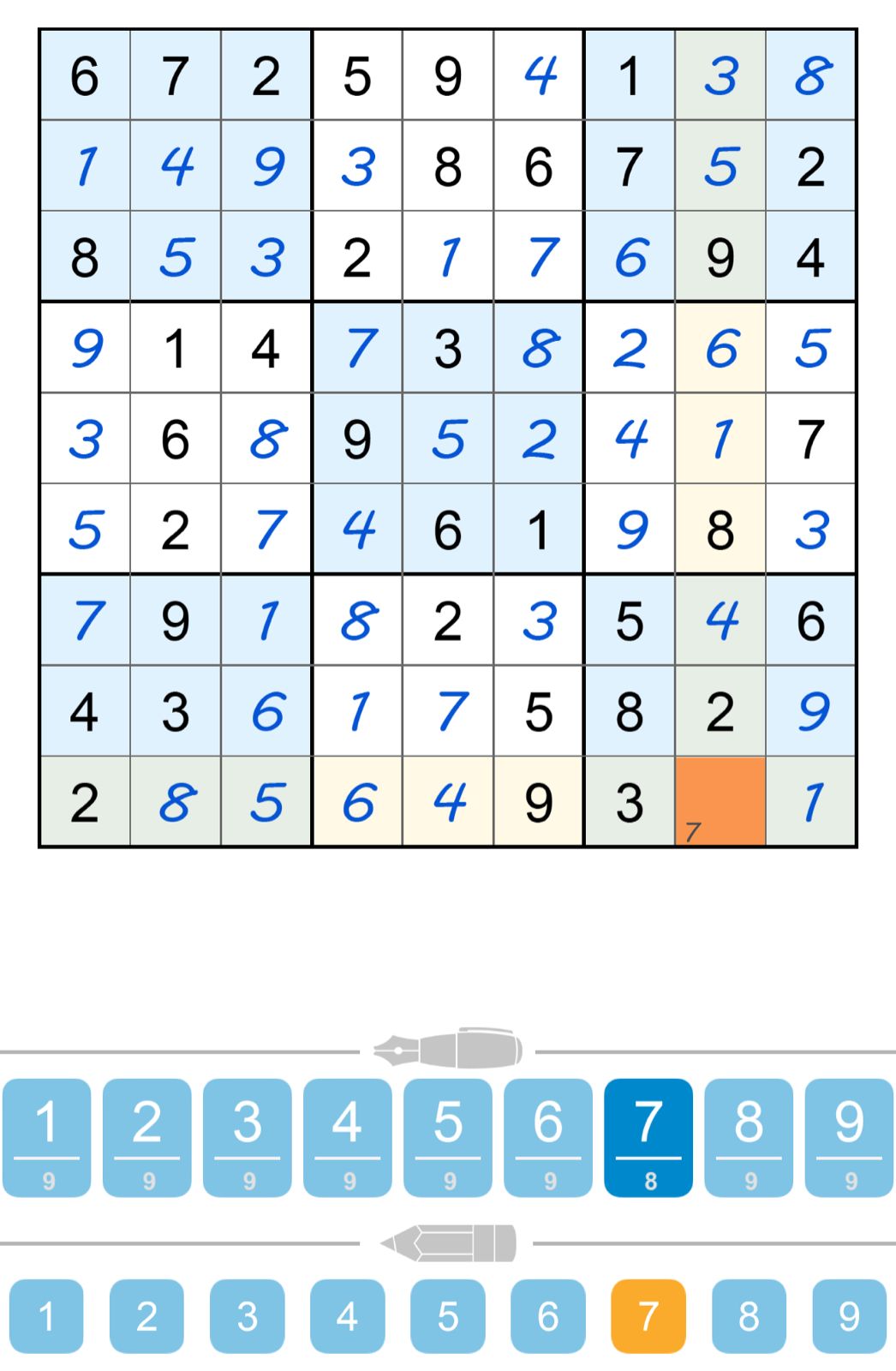 Partially completed Sudoku puzzle with number selection options.