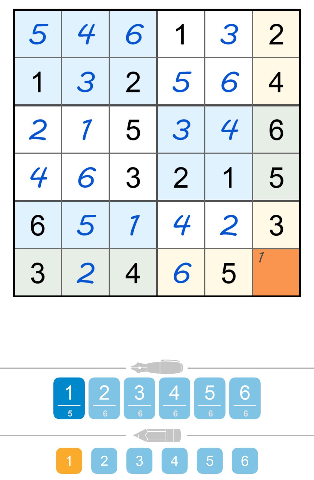 Incomplete Sudoku puzzle with pen tools.