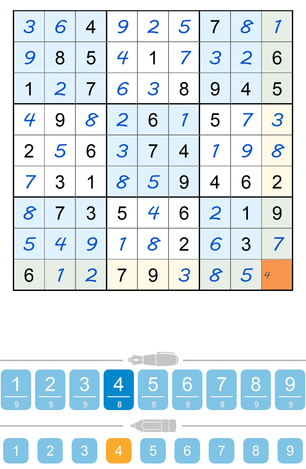 Sudoku grid with numeric options below.